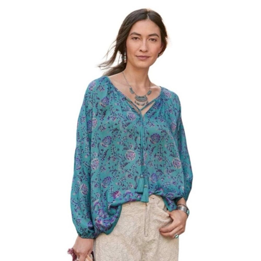 Sundance Boho Floral Peasant Blouse Top Women’s Large Aqua Purple Modal Silk